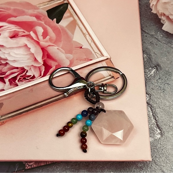 Natural Rose Quartz Hexagon Stone with Rainbow Chakra Keychain Charm - Picture 4 of 14